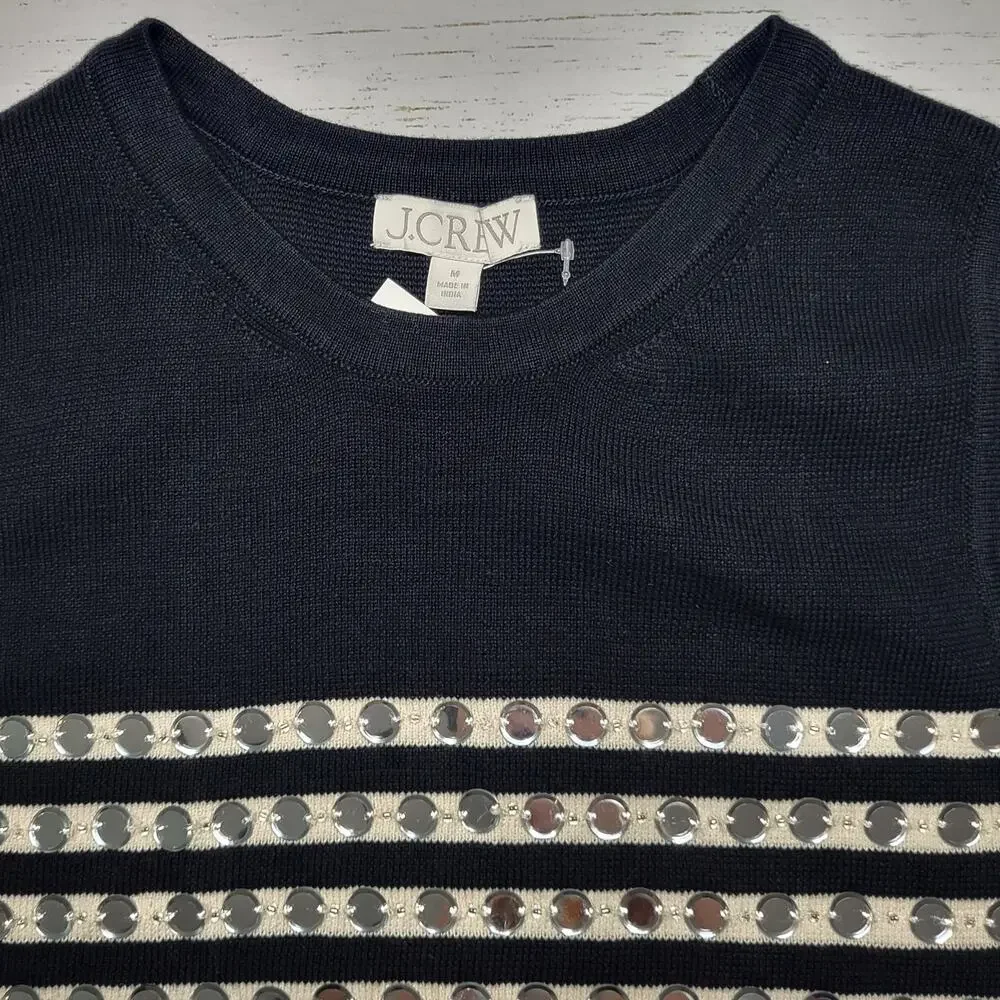 J. Crew Embellished Sweater Shell Black Ivory Beaded Sleeveless Top Crop Medium